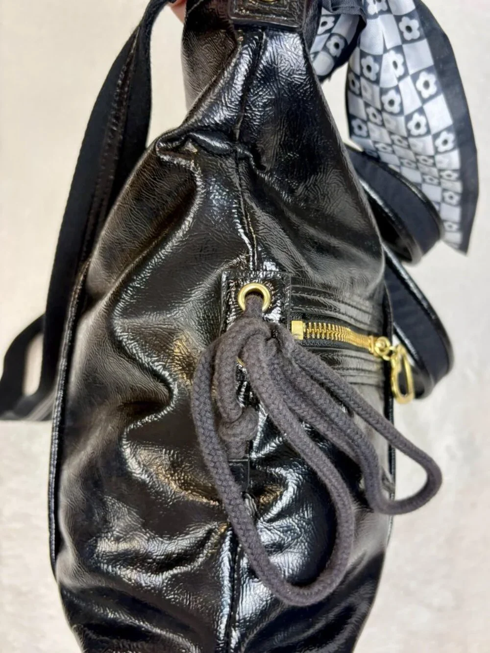 Coach Y2K Poppy Daisy Liquid Gloss Tote in Black Patent Leather with Scarf